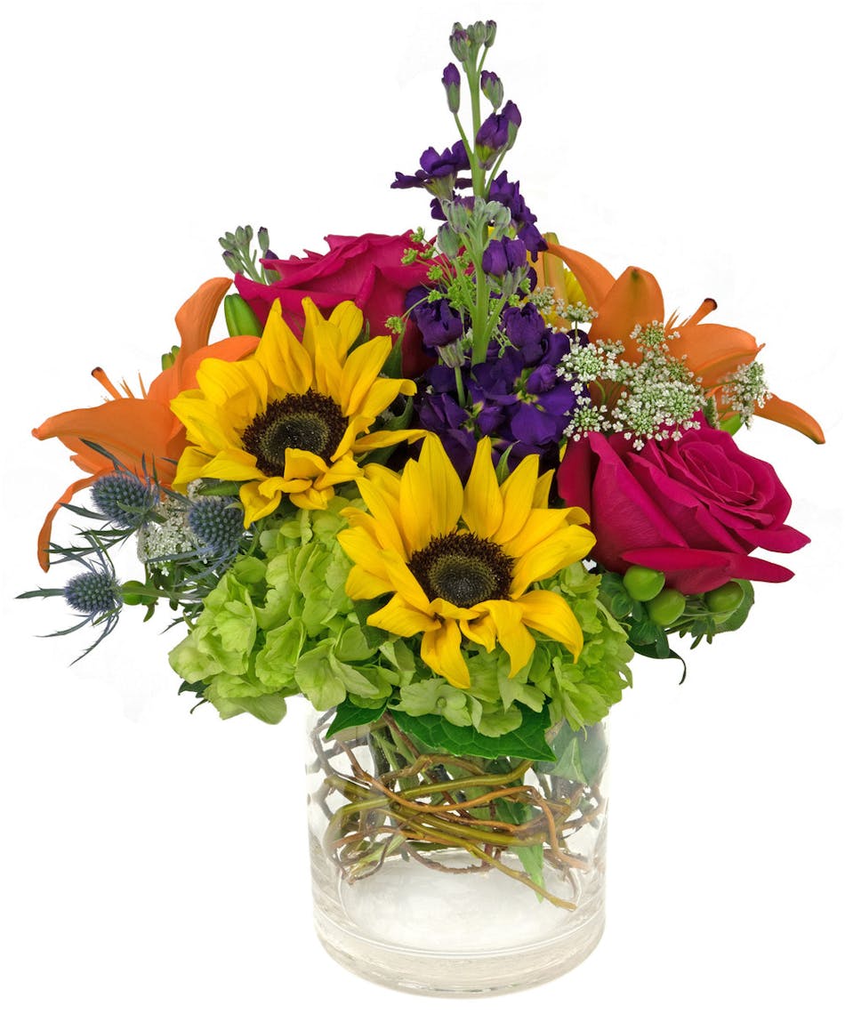 A truly gorgeous sunflower mix with so much color and texture, in a cylinder vase.